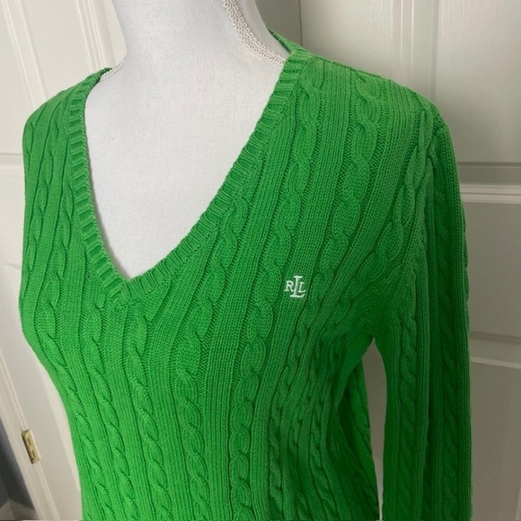 Lauren Ralph Lauren Medium Green Classic Cotton V-Neck Sweater Preppy Classic - Picture 2 of 7
